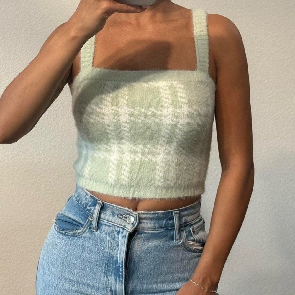 Kendall & Kylie Soft Green Plaid Tank Top